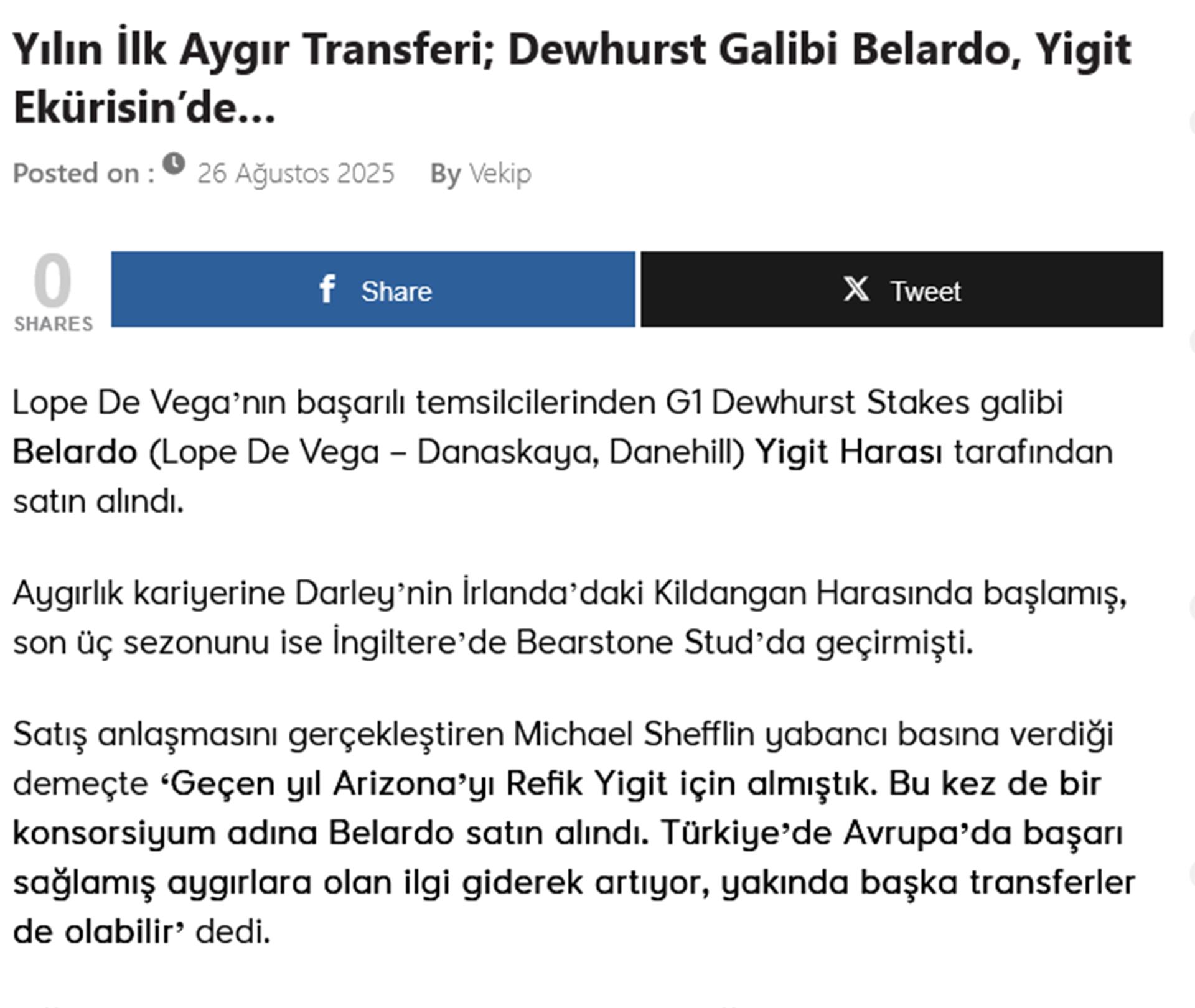 Yılın İlk Aygır Transferi; Dewhurst Galibi Belardo, Yigit Ekürisin’de…